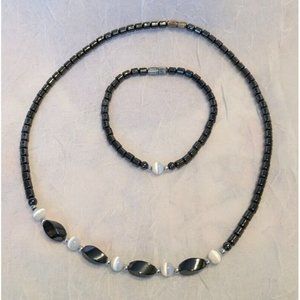 Hematite Beaded Necklace Matching Bracelet Black White Jewelry Stone Style Fun